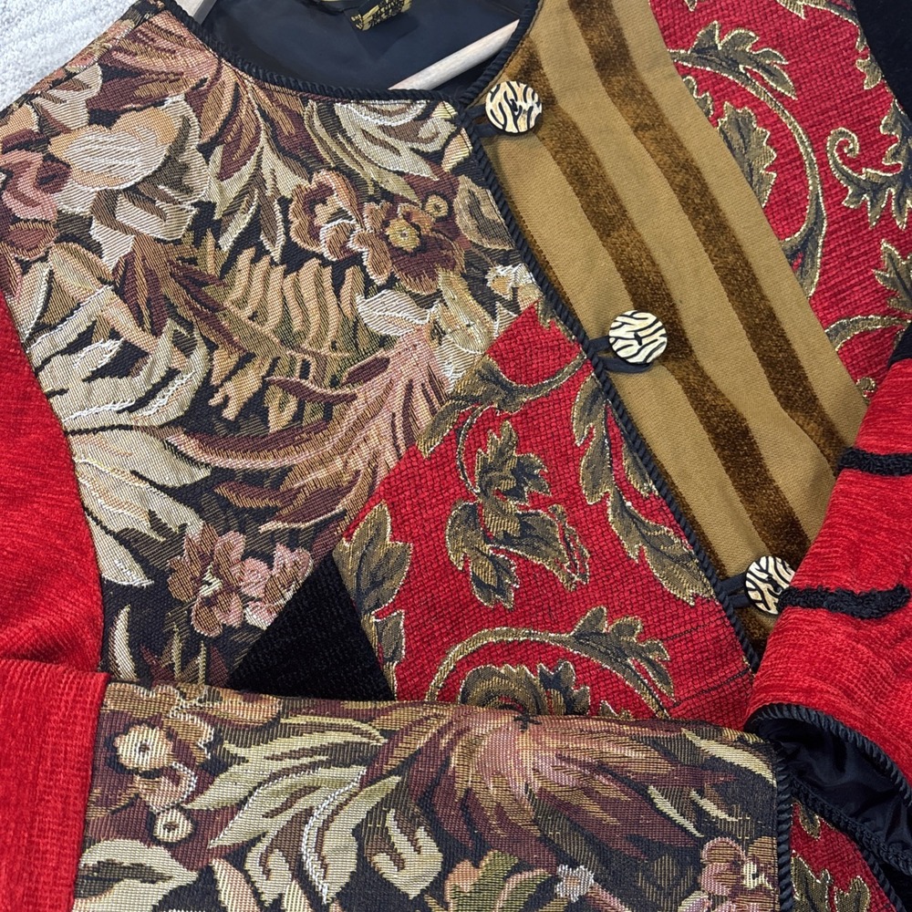 Vintage Allure Red Black Embroidered Patchwork Jacket Womens Large Artsy Classic - Picture 7 of 13